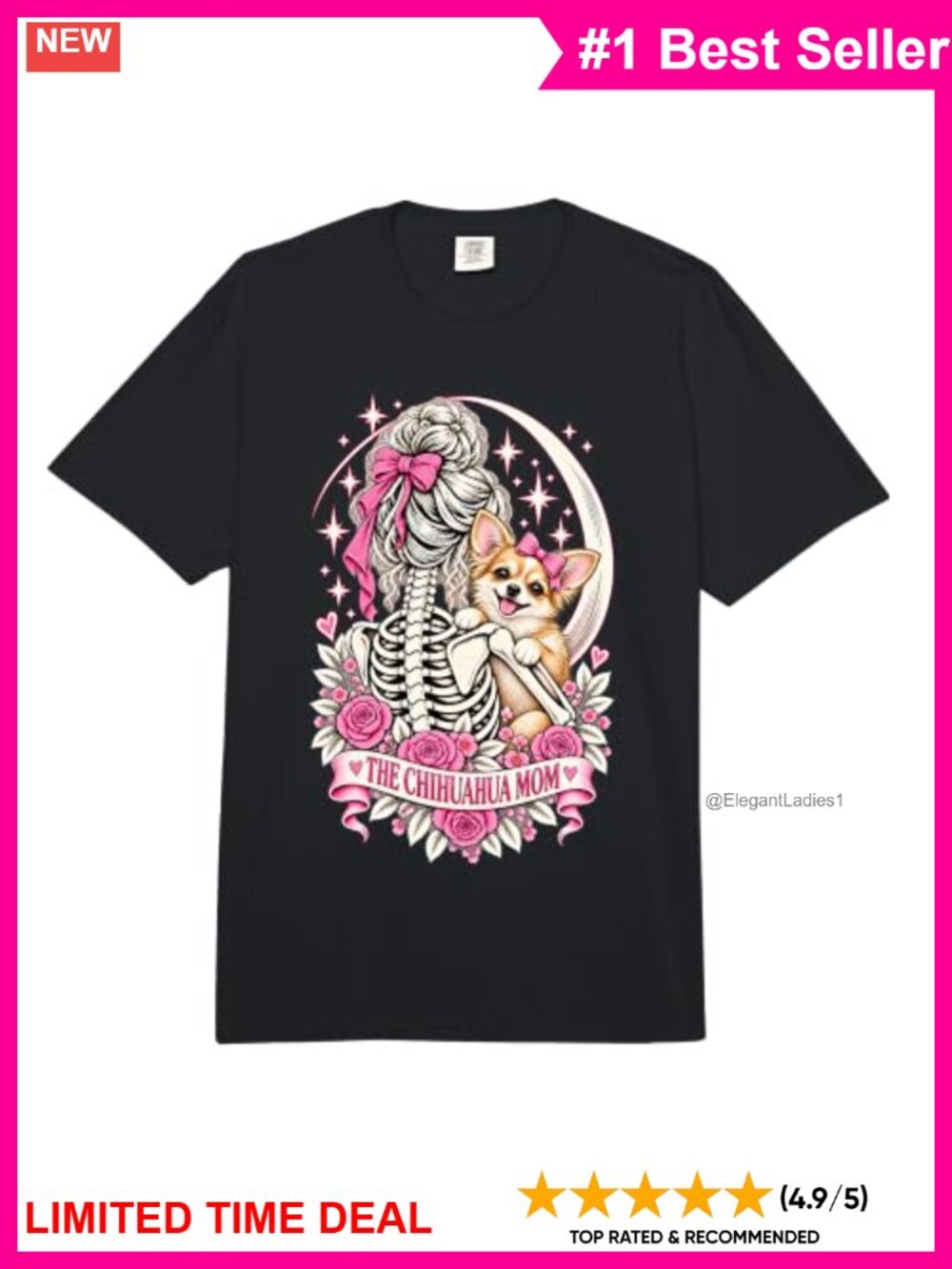 Gothic Floral Skeleton Chihuahua Dog Mum Cotton Tee